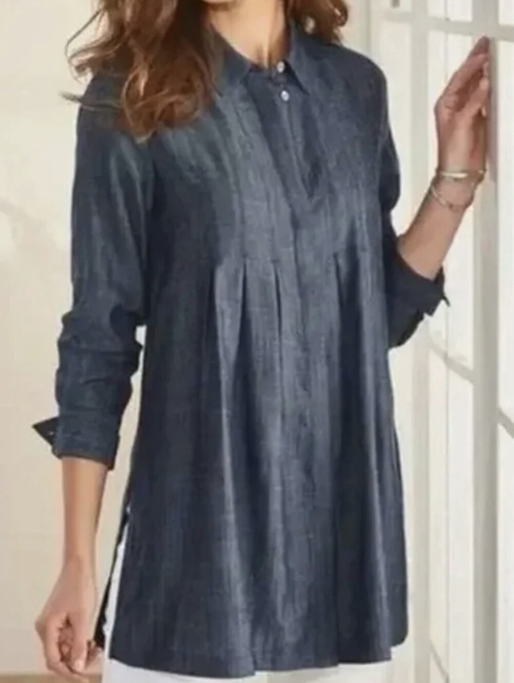 Soft Surroundings Indigo Long-Sleeve Button-Front Tunic Shirt NWOT sz XSmall